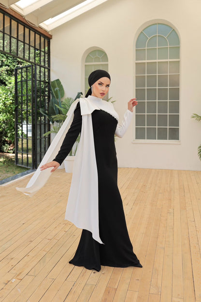 Black-White High Neck Long Sleeves Beaded Bowknot Sheath Evening Formal Dress