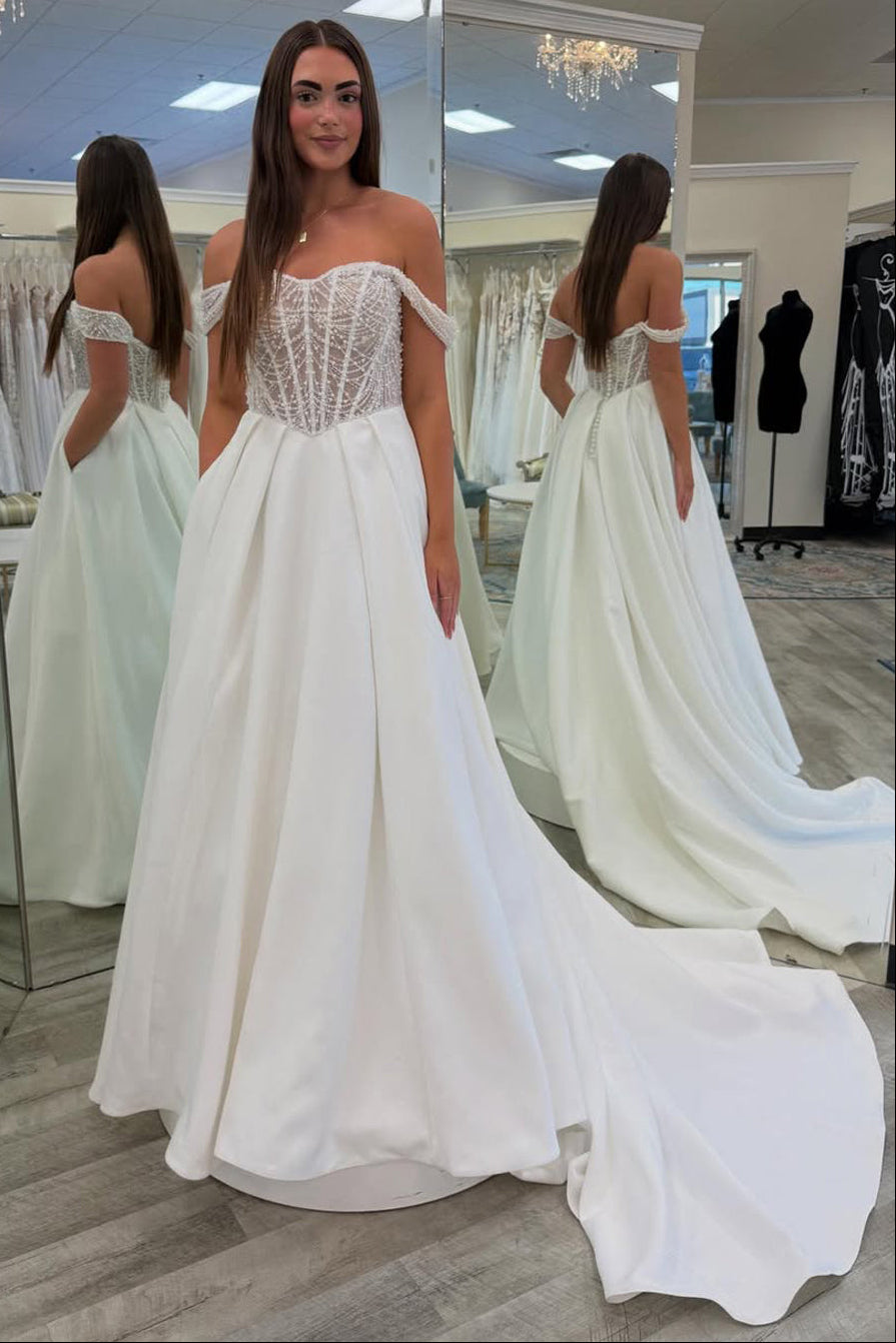 Gorgeous A Line Off the Shoulder White Satin Wedding Dress