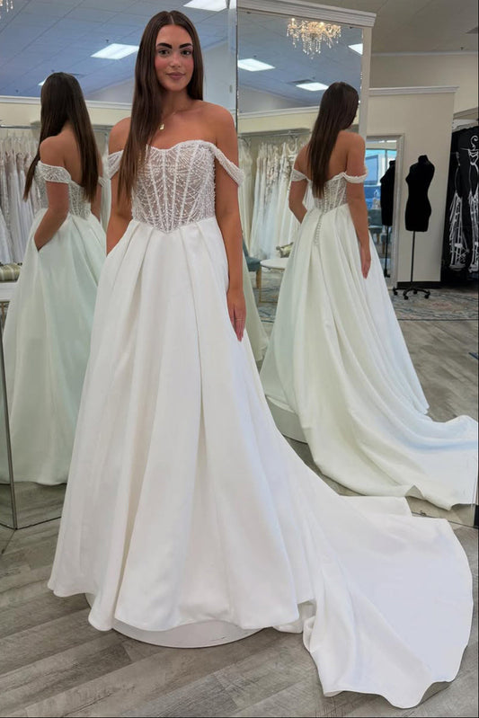 Gorgeous A Line Off the Shoulder White Satin Wedding Dress