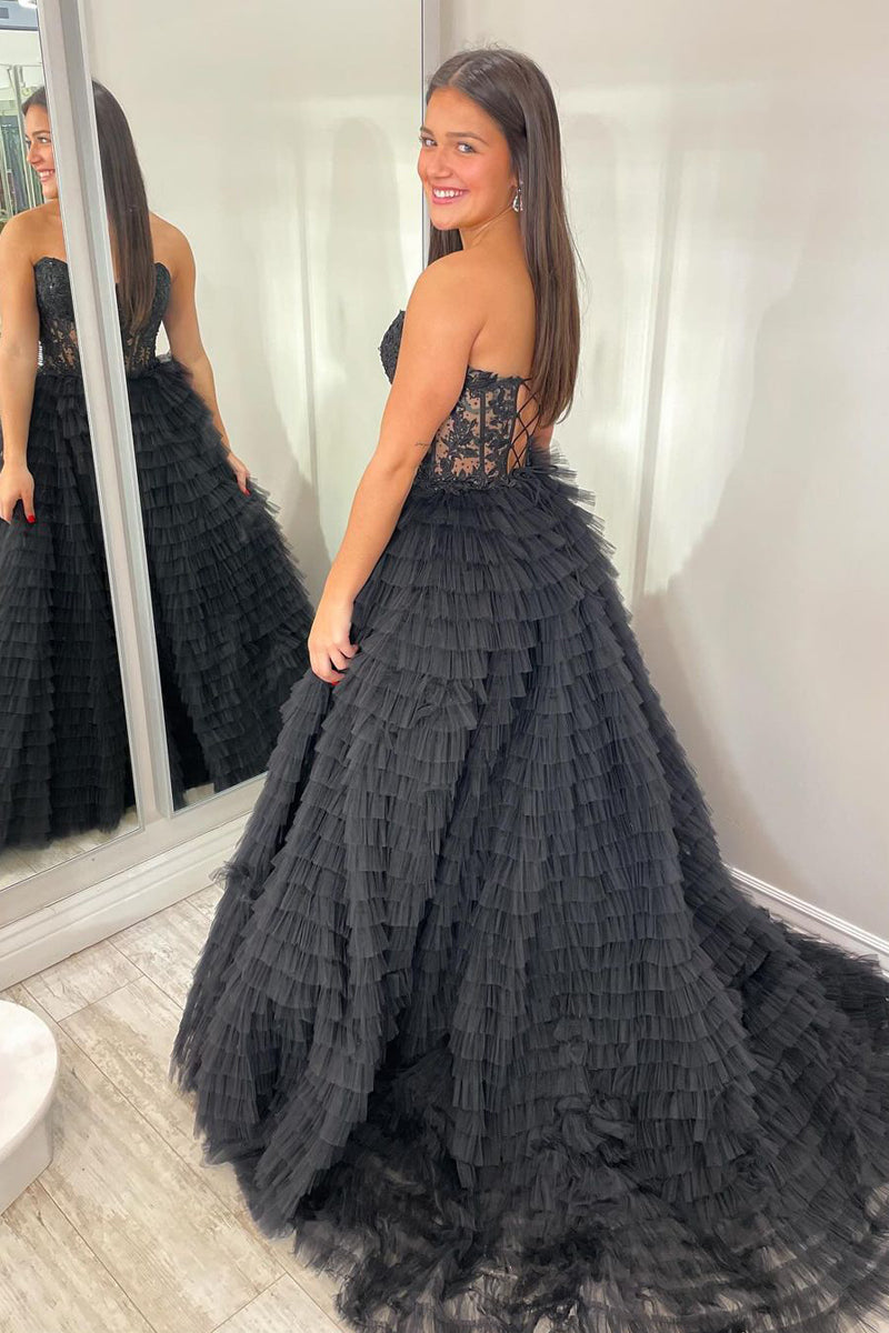 Strapless Black Ruffle Tiered Tulle Long Prom Dress