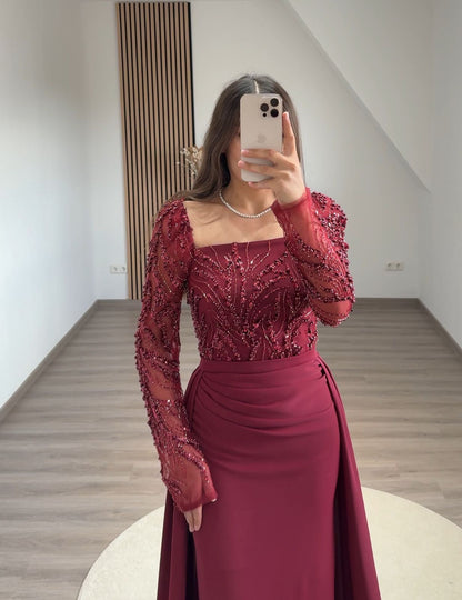 Elegant Long Sleeves V-Neck Ruched Satin Evening Dress