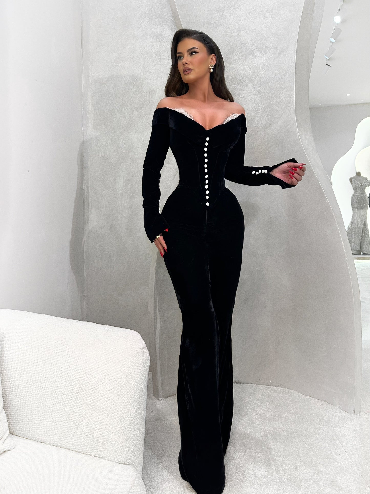 Long Sleeves Off-Shoulder Beads Prom Dress