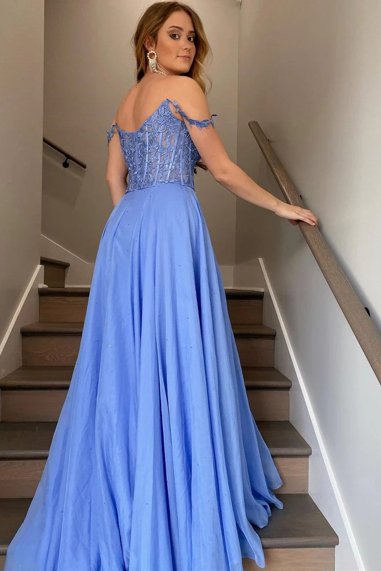 Lumidress Periwinkle Off-Shoulder V-Neck A-Line Princess Prom Dress