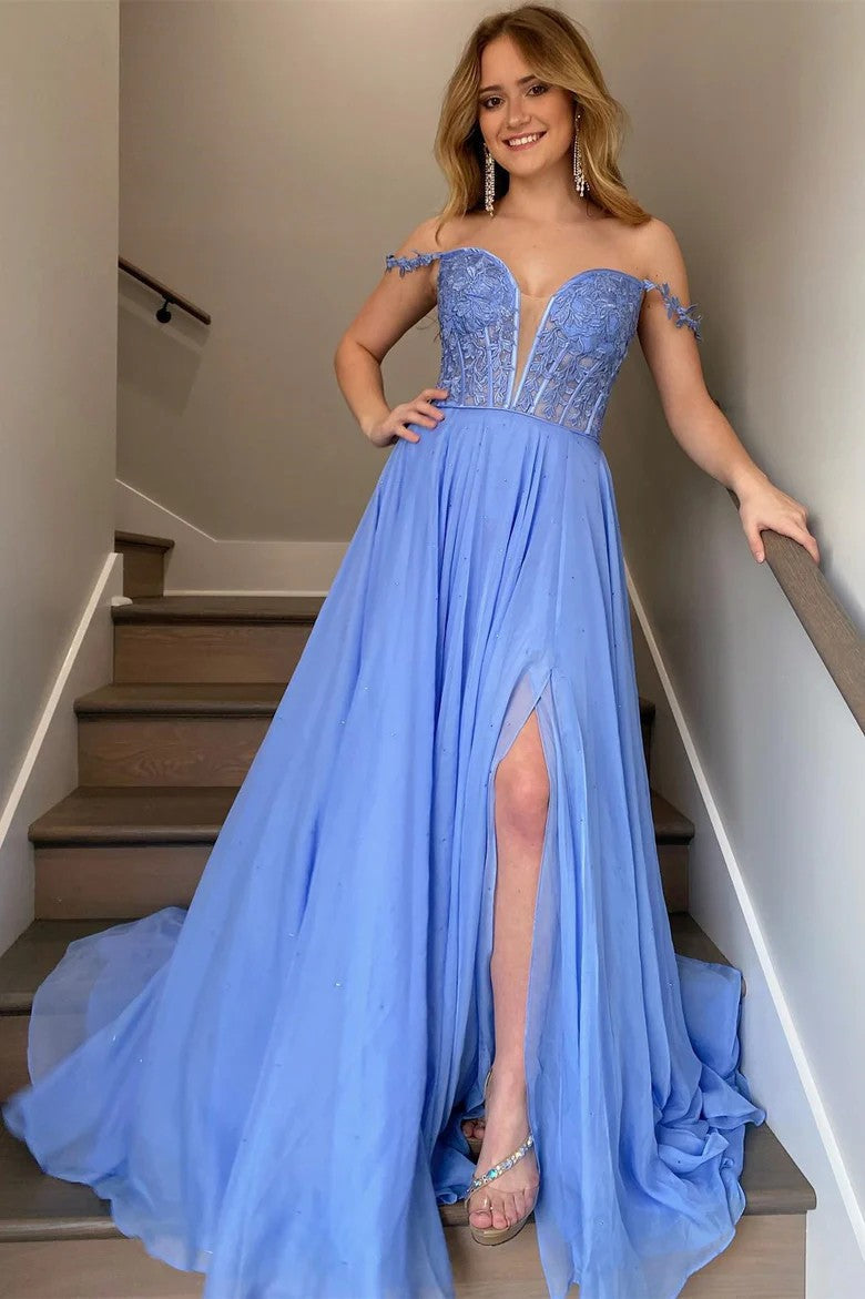Lumidress Periwinkle Off-Shoulder V-Neck A-Line Princess Prom Dress