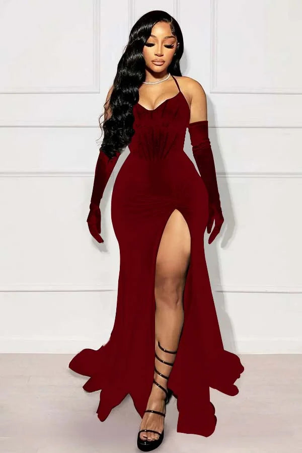 Black Mermaid Split Prom Dress With Long Gloves