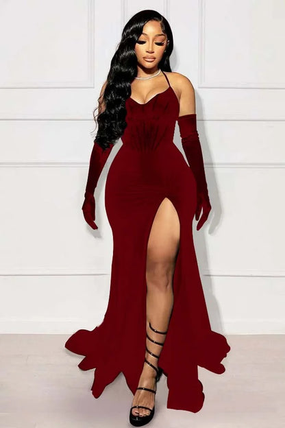 Black Mermaid Split Prom Dress With Long Gloves