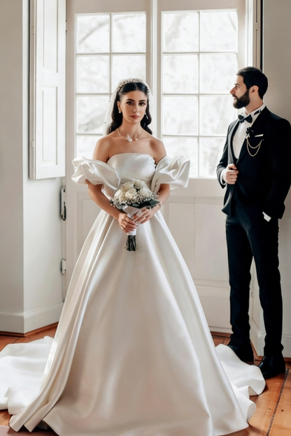 Romantic White A-Line Strapless Sleeveless Sweep Train Simple Satin Wedding Dresses