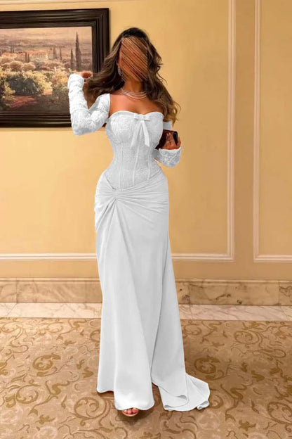 Sweetheart Strapless Long Sleeves Long Pleated Mermaid Prom Dress With Bow