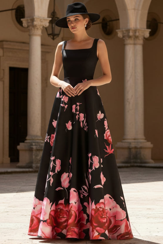 Black Square Neck Floral Print Ball Gown