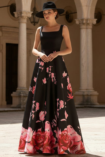 Black Square Neck Floral Print Ball Gown