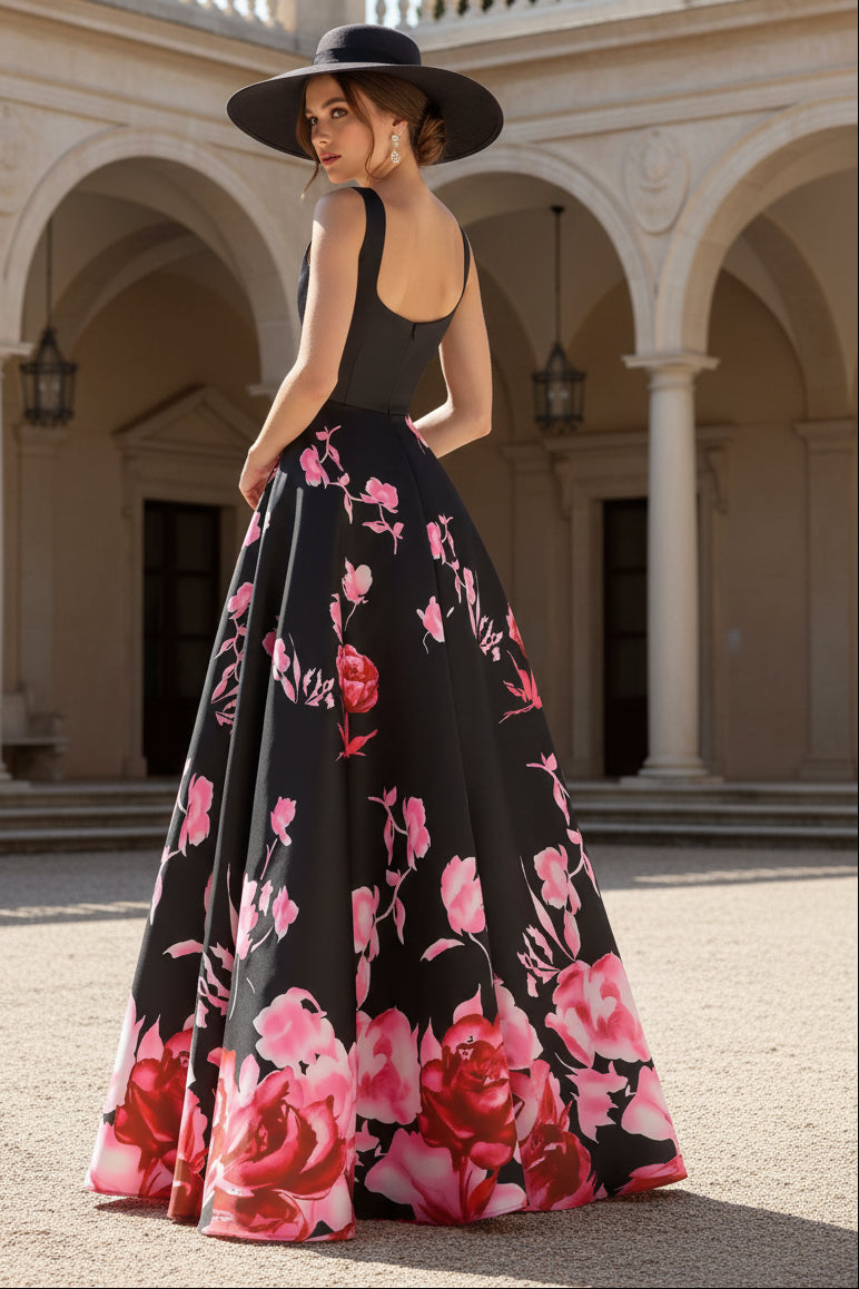 Black Square Neck Floral Print Ball Gown