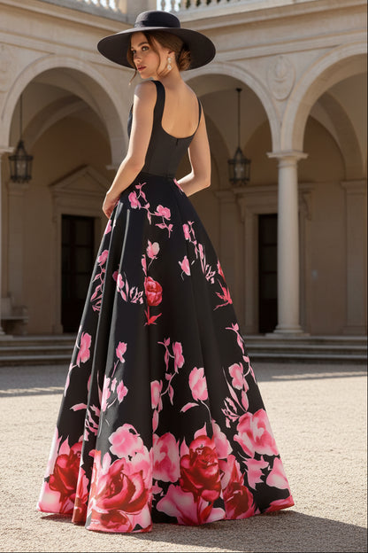 Black Square Neck Floral Print Ball Gown