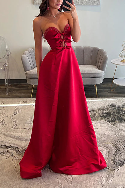 A-Line Sweetheart Keyholes Red Satin Long Prom Dress
