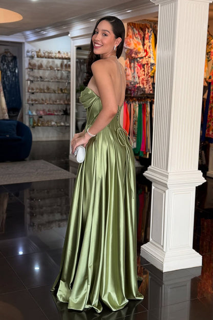 Elegant A-Line Sweetheart Sage Green Satin Long Prom Dress