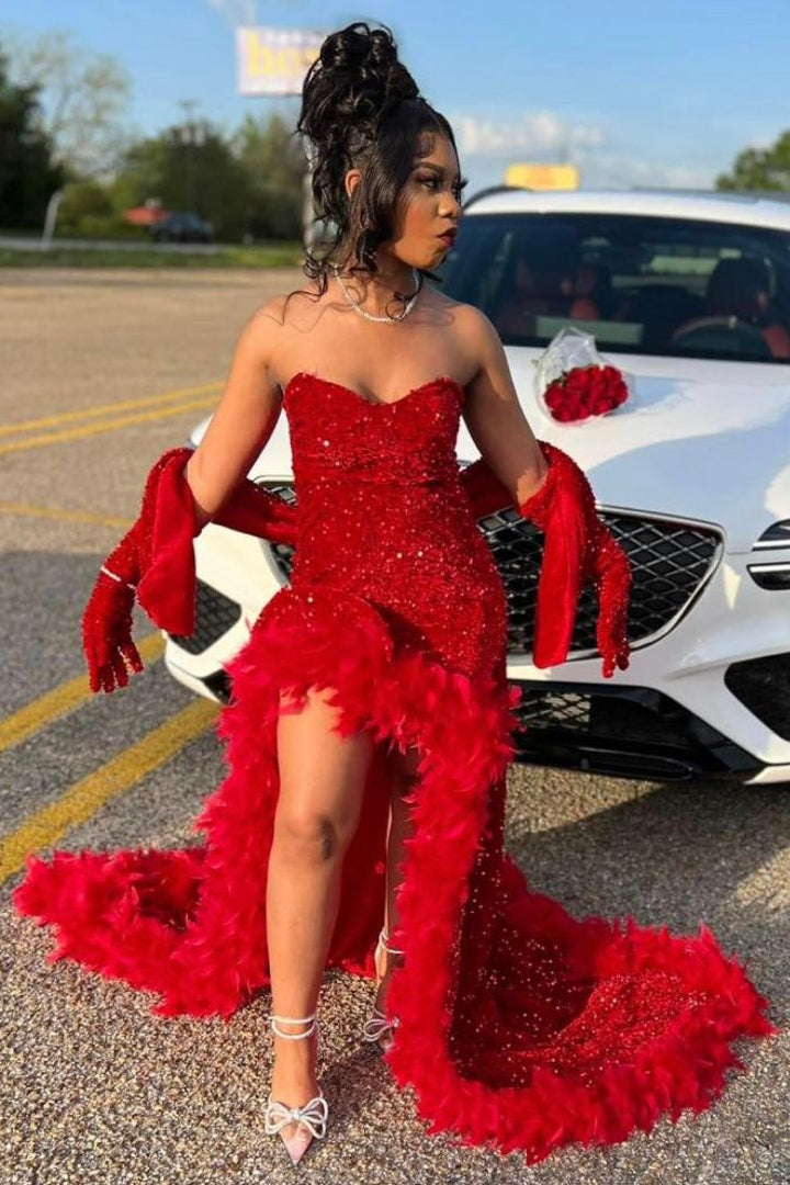 Elegant Red Sequin Long Prom Dresses With Slit Evening Dress