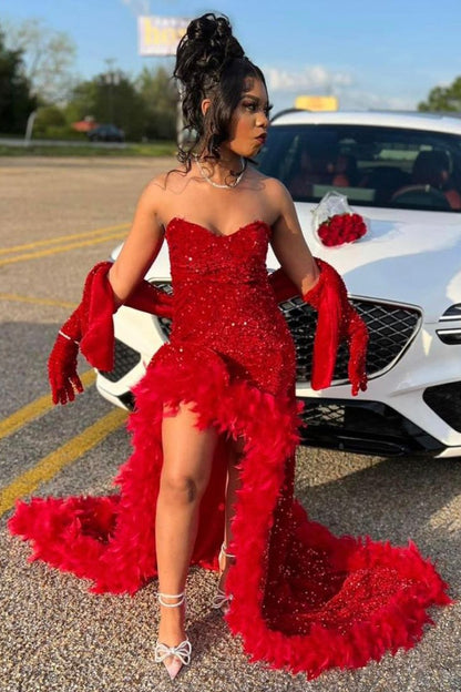 Elegant Red Sequin Long Prom Dresses With Slit Evening Dress