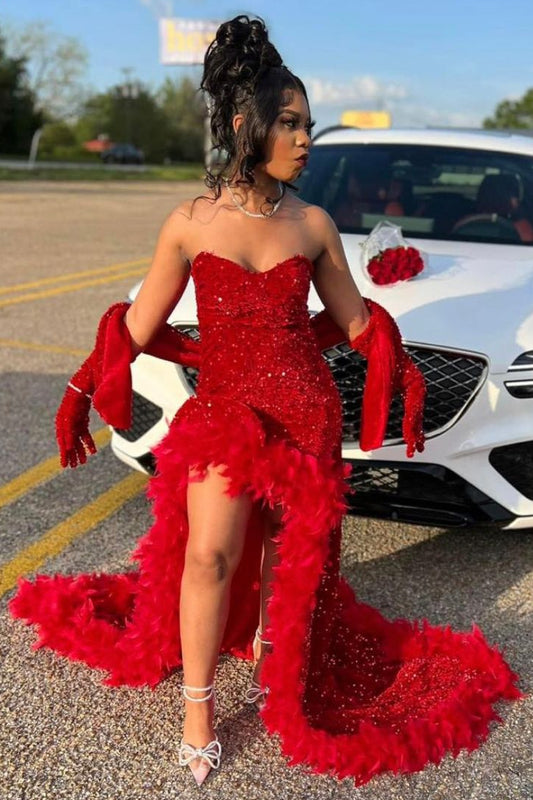 Elegant Red Sequin Long Prom Dresses With Slit Evening Dress