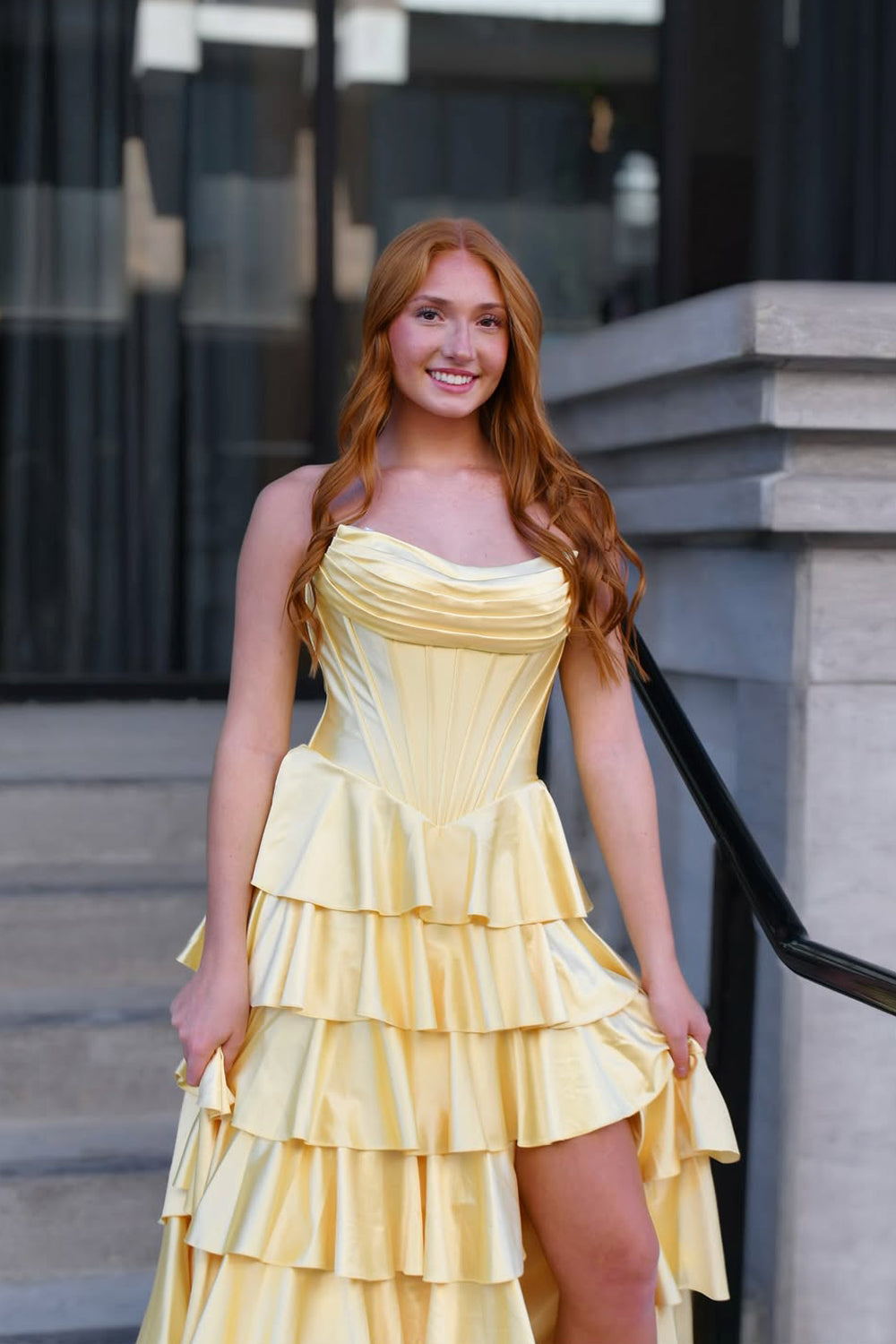 Cute A Line Scoop Neck Yellow Satin Tiered Long Prom Dress with Slit