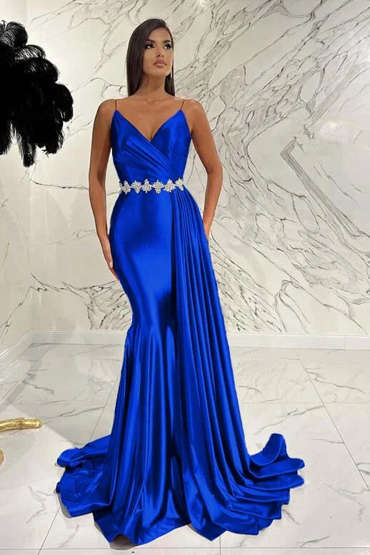 Elegant Red Spaghetti-Straps Deep V-Neck Mermaid Evening Dress With Belt Ruffles ED0472