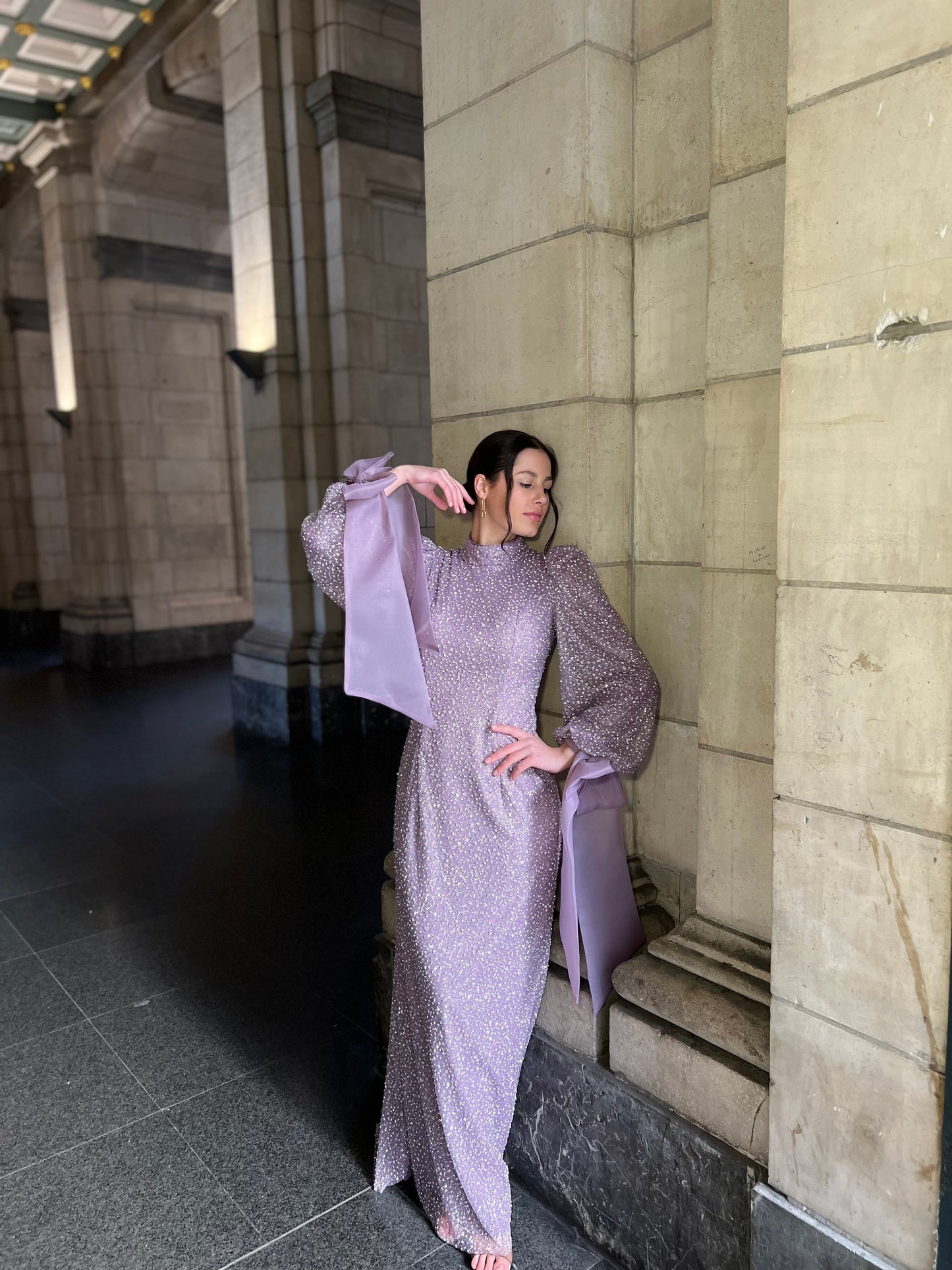 Lilac Beaded High Neck Bowknot Long Sleeves Evening Formal Dress