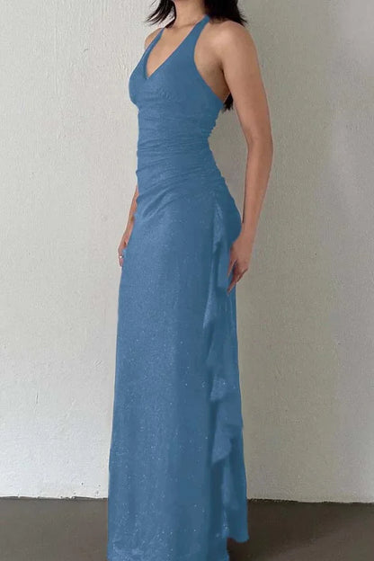 Charming V-Neck Halter Burgundy Ruffles Prom Dress ZT0740