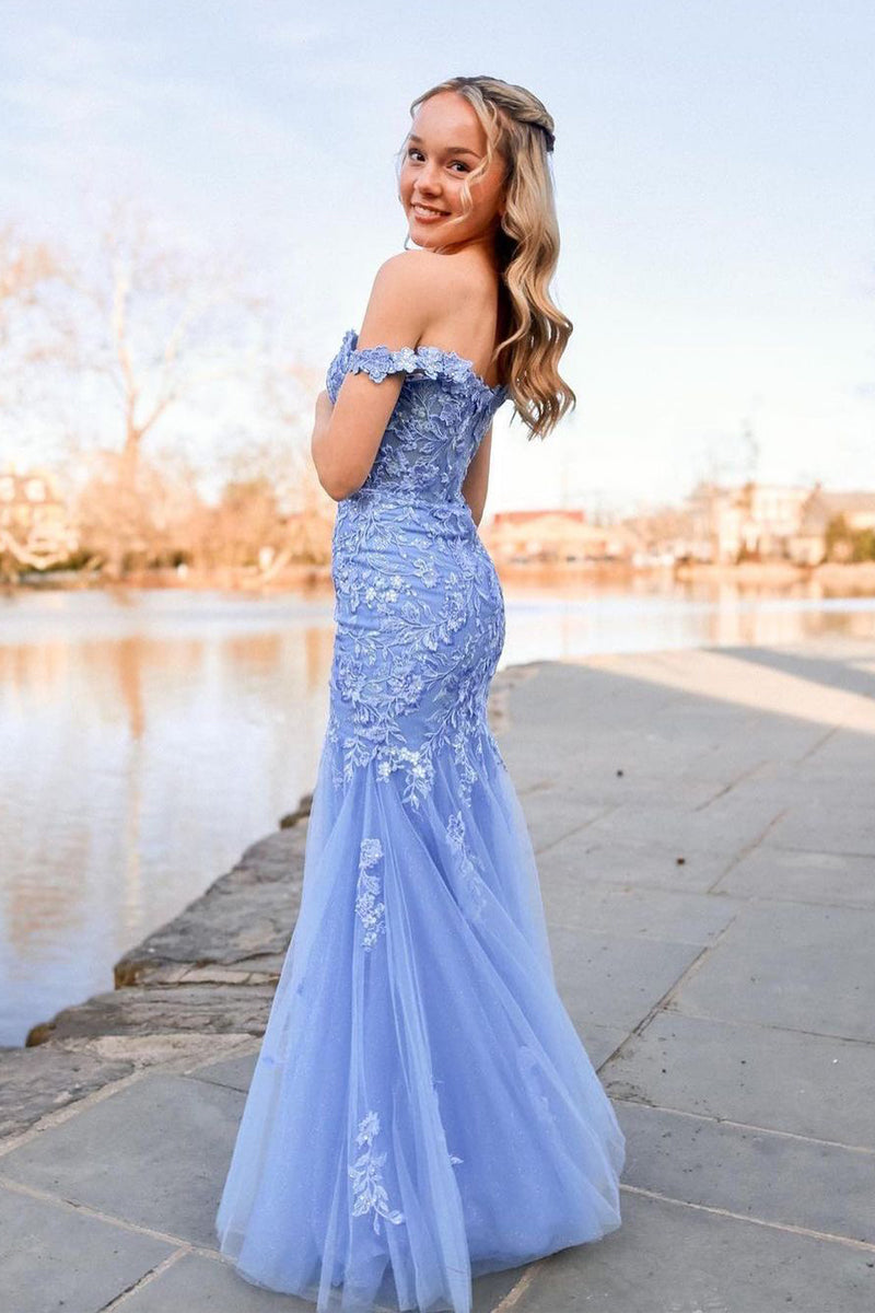 Lavender Off the Shoulder Tulle Appliques Mermaid Long Prom Dress