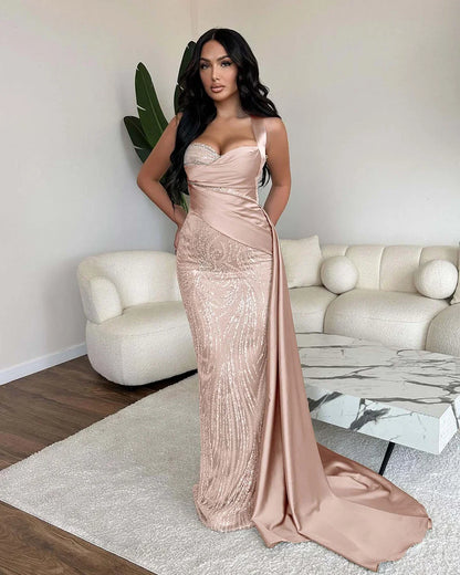 Elegant One Shoulder Mermaid Sequins Evening Dress Ball Gown With Ruffles