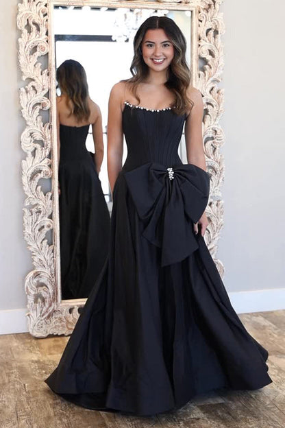 A Line Scoop Neck Black Satin Prom Dress with Bow