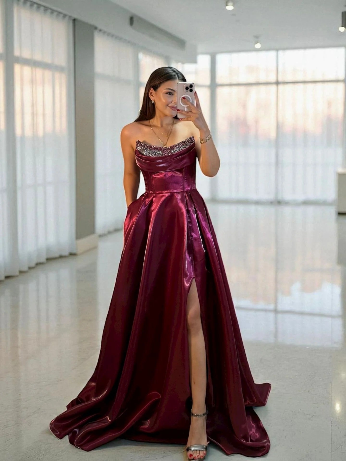 Shiny Satin Beaded Corset Formal Evening Gown