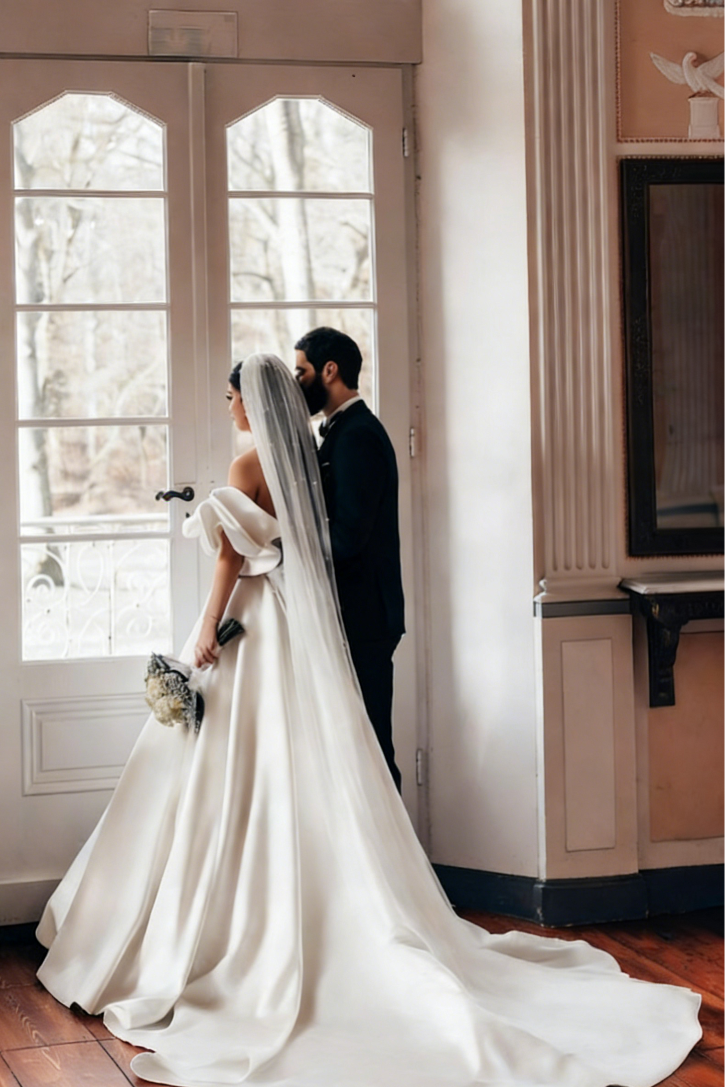 Romantic White A-Line Strapless Sleeveless Sweep Train Simple Satin Wedding Dresses