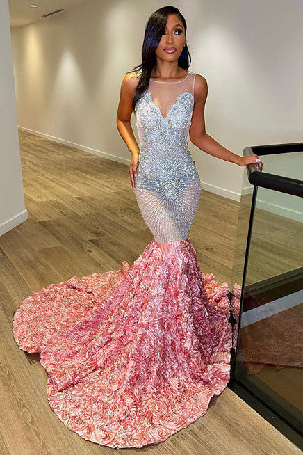 Crew Neck Sequins Sleeveless Flower Mermaid Princess Prom Dress