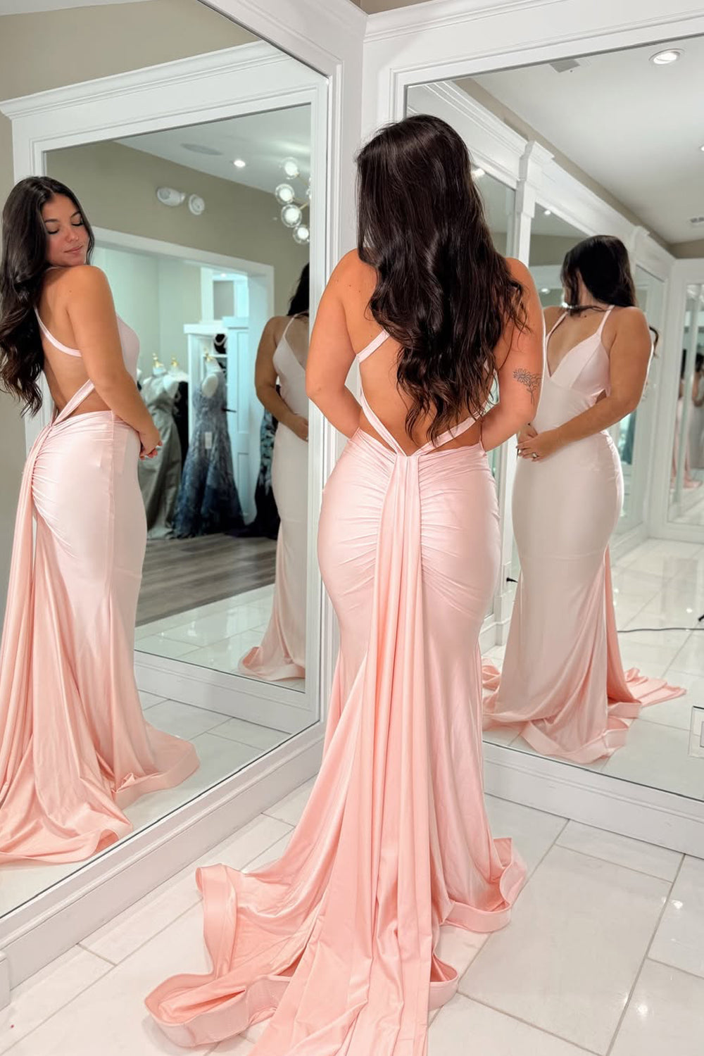 Mermaid V Neck Pink Stretch Satin Long Prom Dress