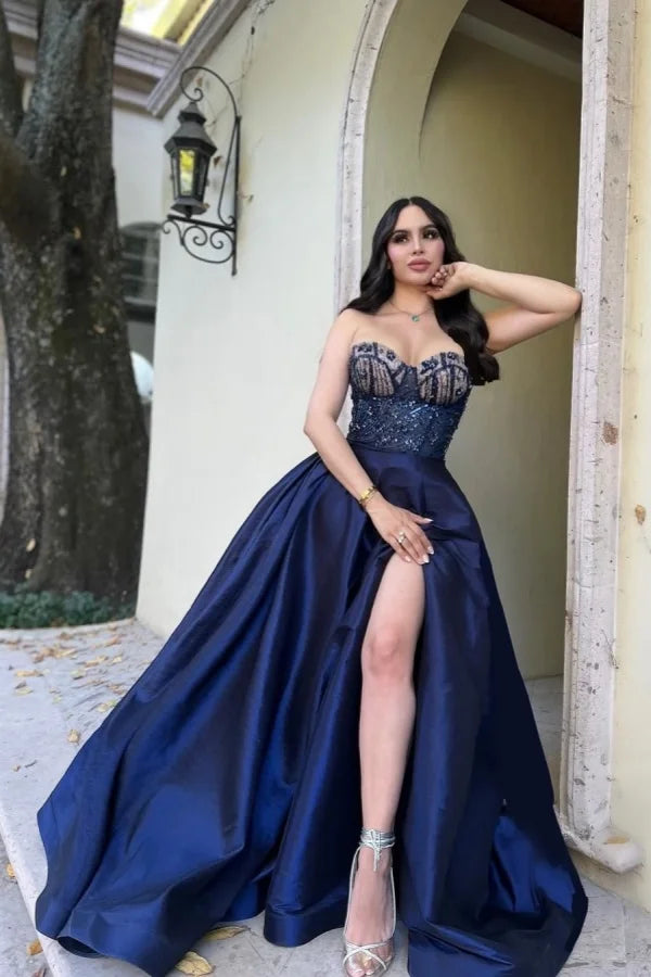 Dark Blue Split Sweetheart Sequins Prom Dress
