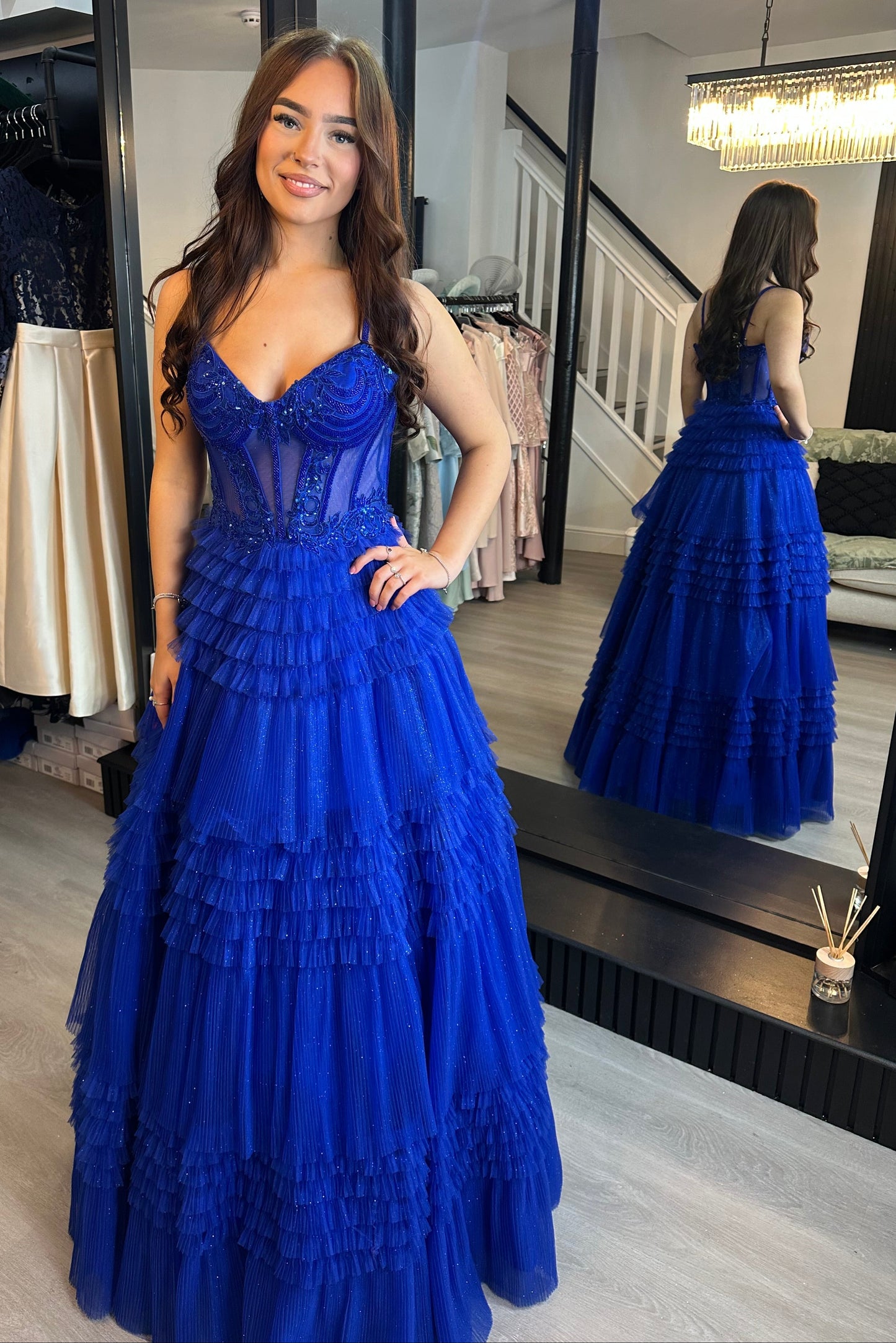 Spaghetti Straps V-Neck Corset Tulle Prom Dress