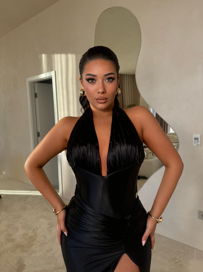 Black Halter  Sleeveless Neck Slit Evening Dress