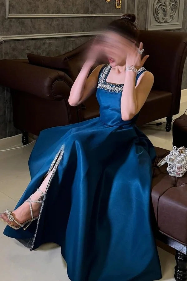 Ink Blue Beaded Square-Neck Split Prom Dress