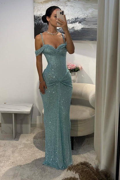 Off the Shoulder Sleeveless Long Mermaid Evening Formal Dress With Sequined