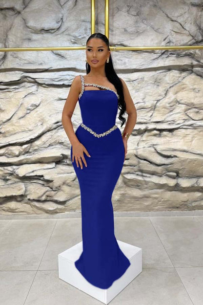 Sleeveless One Shoulder Long Mermaid Prom Dress With Beading