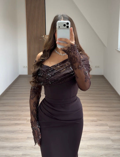 Sheath One Shoulder Long Sleeves Appliques Evening Dress