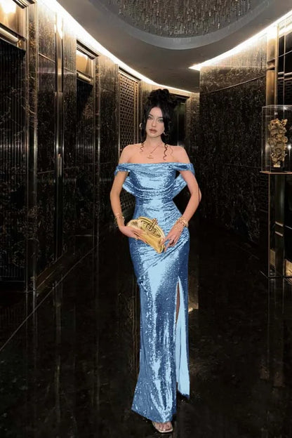 Champagne Solid Sequins Split Prom Dress