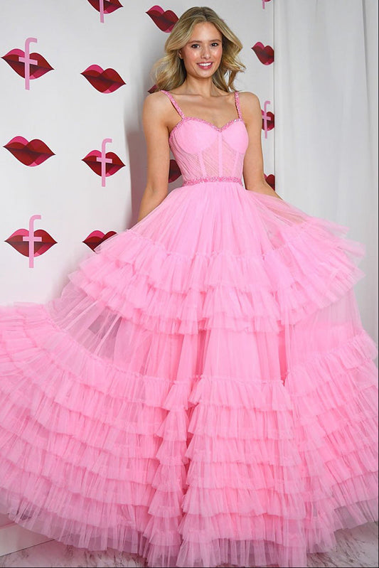 A-Line Sweetheart Pink Ruffle Tiered Tulle Long Prom Dress