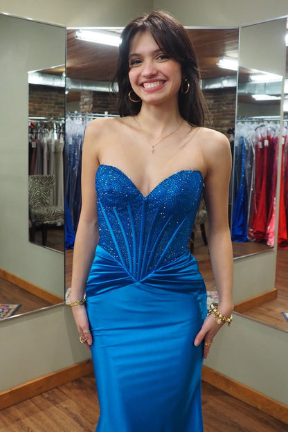 Charming Mermaid Sweetheart Royal Blue Prom Dress with Hot Fix