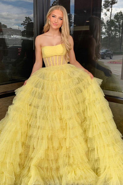 A-Line Strapless Yellow Sequins Tulle Long Prom Dress