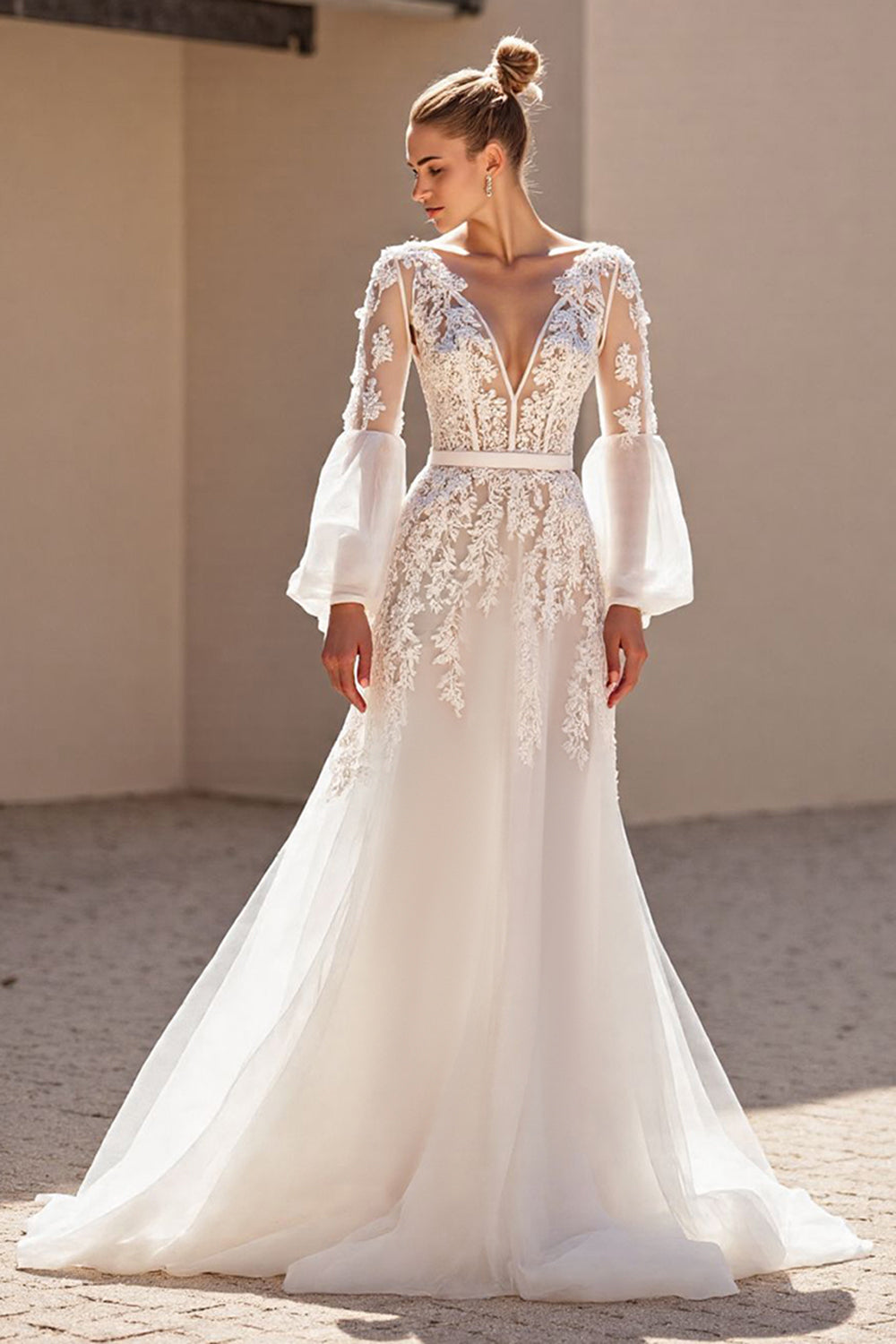 Long Sleeves V-Neck Tulle Bridal Dress A-Line With Lace