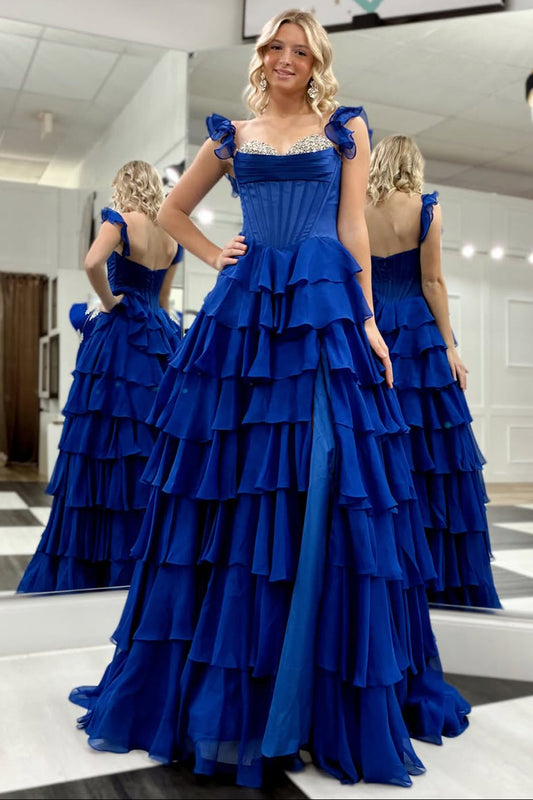 Cute A-Line Sweetheart Royal Blue Chiffon Long Tiered Prom Dress