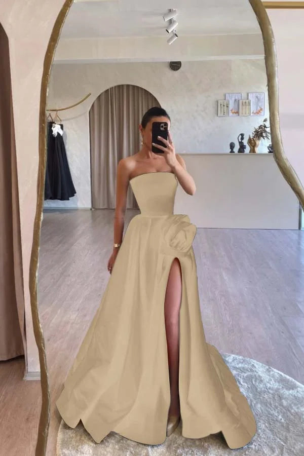 Formal Black A-Line Split Strapless Prom Dress