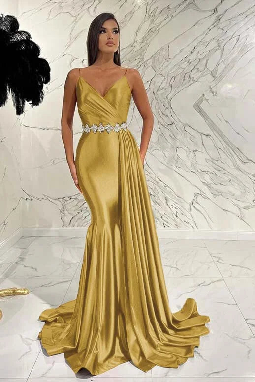 Elegant Red Spaghetti-Straps Deep V-Neck Mermaid Evening Dress With Belt Ruffles ED0472