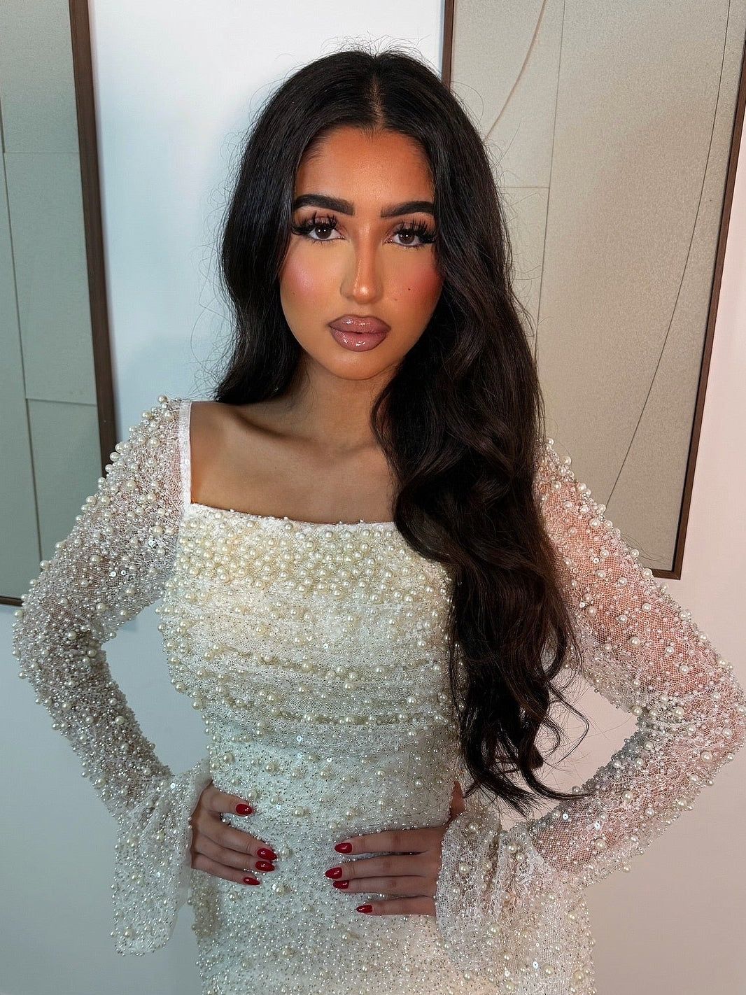 Off White Square Neck Bell Sleeves Beading Formal Gown with Train