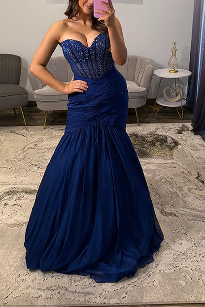 Mermaid Sweetheart Navy Blue Satin Long Prom Dress