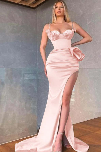 Spaghetti Straps Sleeveless Long Mermaid Prom Dress With Pleated